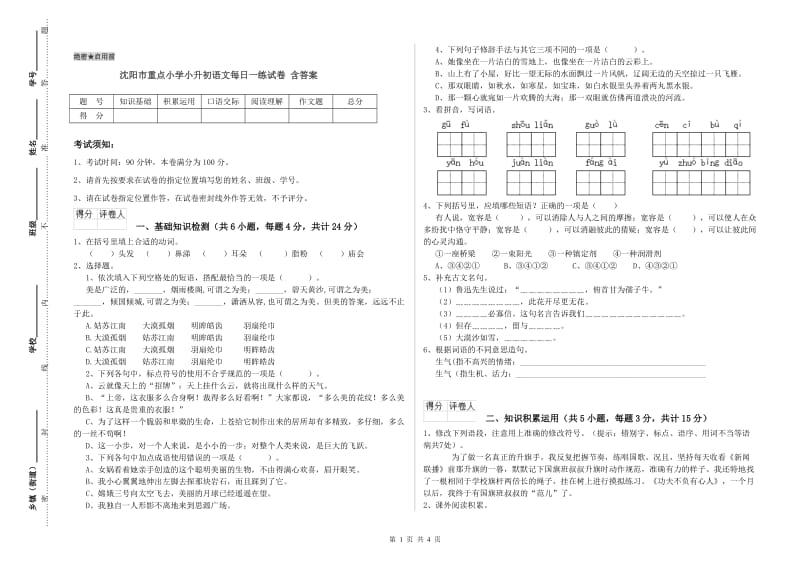 沈阳市重点小学小升初语文每日一练试卷 含答案.doc_第1页