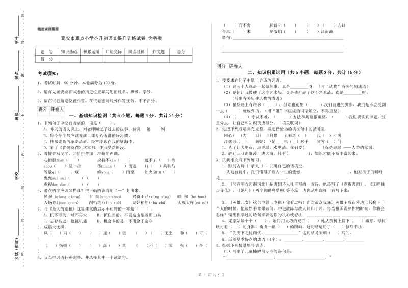 泰安市重点小学小升初语文提升训练试卷 含答案.doc_第1页