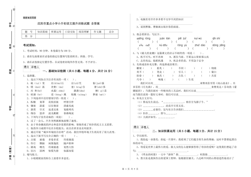 沈阳市重点小学小升初语文提升训练试题 含答案.doc_第1页