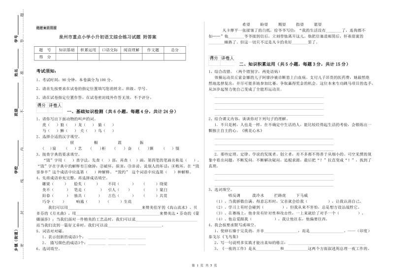 泉州市重点小学小升初语文综合练习试题 附答案.doc_第1页