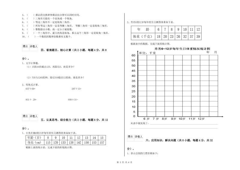 河南省重点小学四年级数学下学期全真模拟考试试卷 含答案.doc_第2页