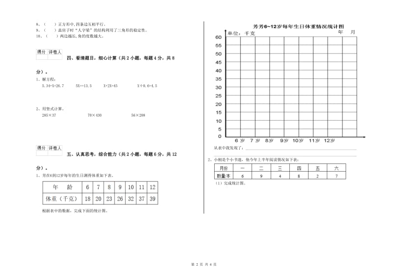 江苏省2019年四年级数学【下册】自我检测试题 附答案.doc_第2页