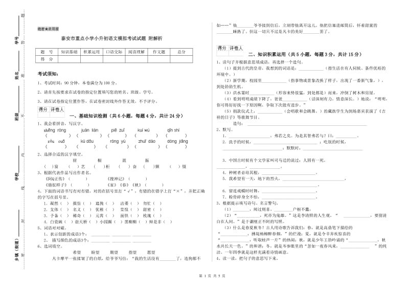 泰安市重点小学小升初语文模拟考试试题 附解析.doc_第1页