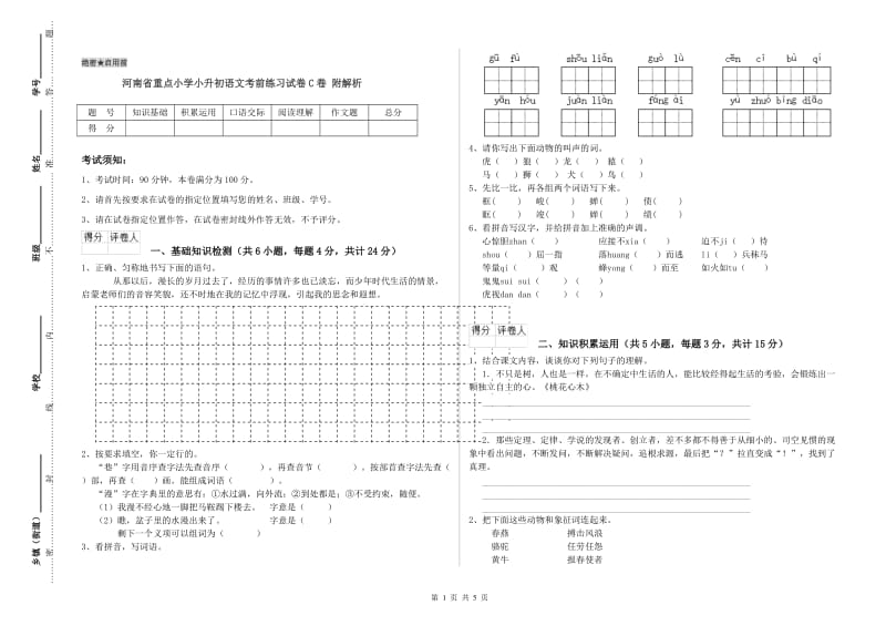 河南省重点小学小升初语文考前练习试卷C卷 附解析.doc_第1页