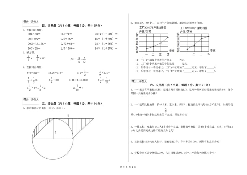 沪教版六年级数学【上册】期末考试试卷D卷 含答案.doc_第2页