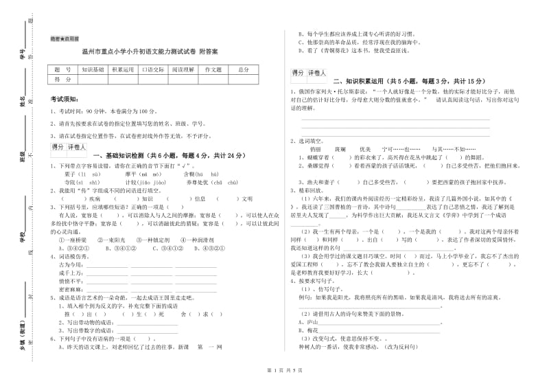 温州市重点小学小升初语文能力测试试卷 附答案.doc_第1页