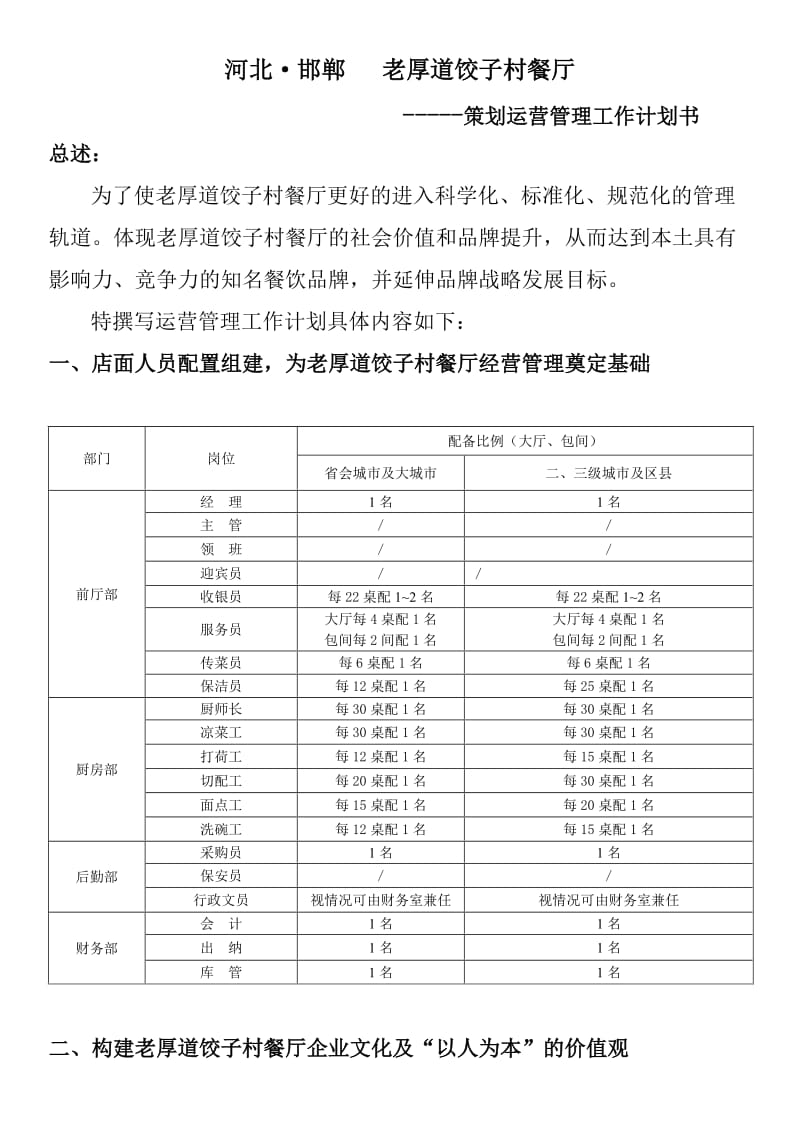 河北邯郸老厚道饺子村餐厅策划运营管理工作计划书.doc_第2页