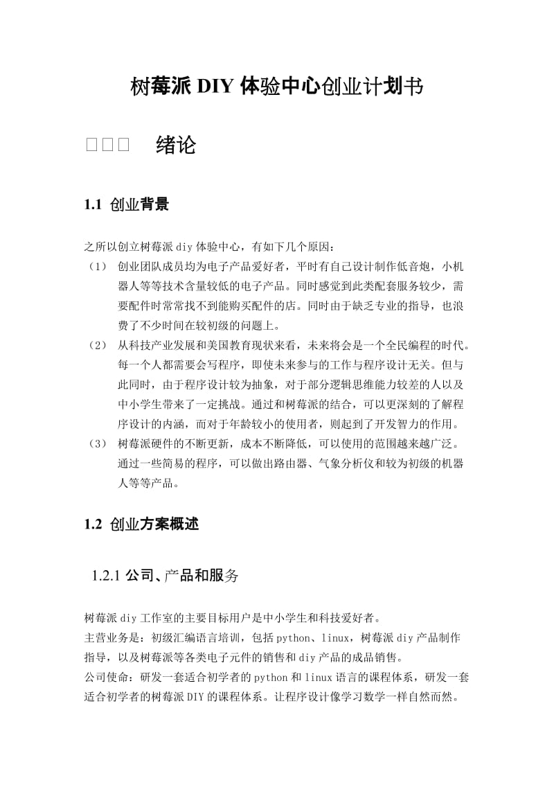 树莓派DIY体验中心创业计划书.docx_第1页