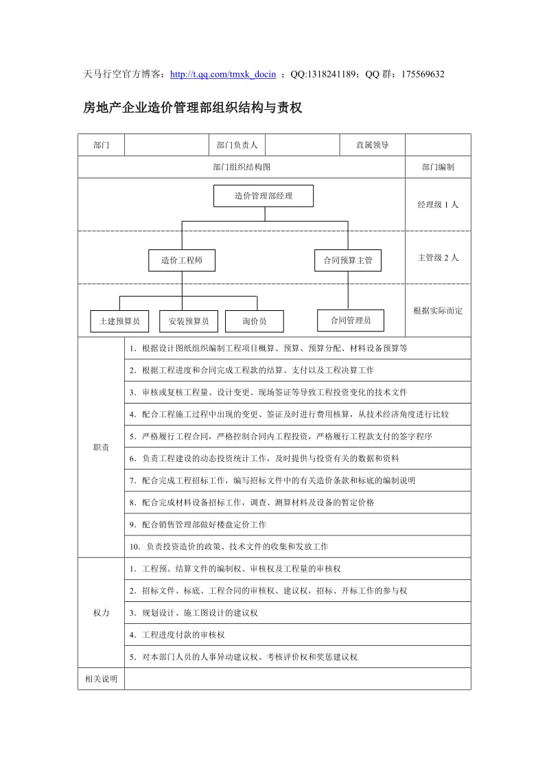 房地产企业造价管理部组织结构与责权.doc_第1页