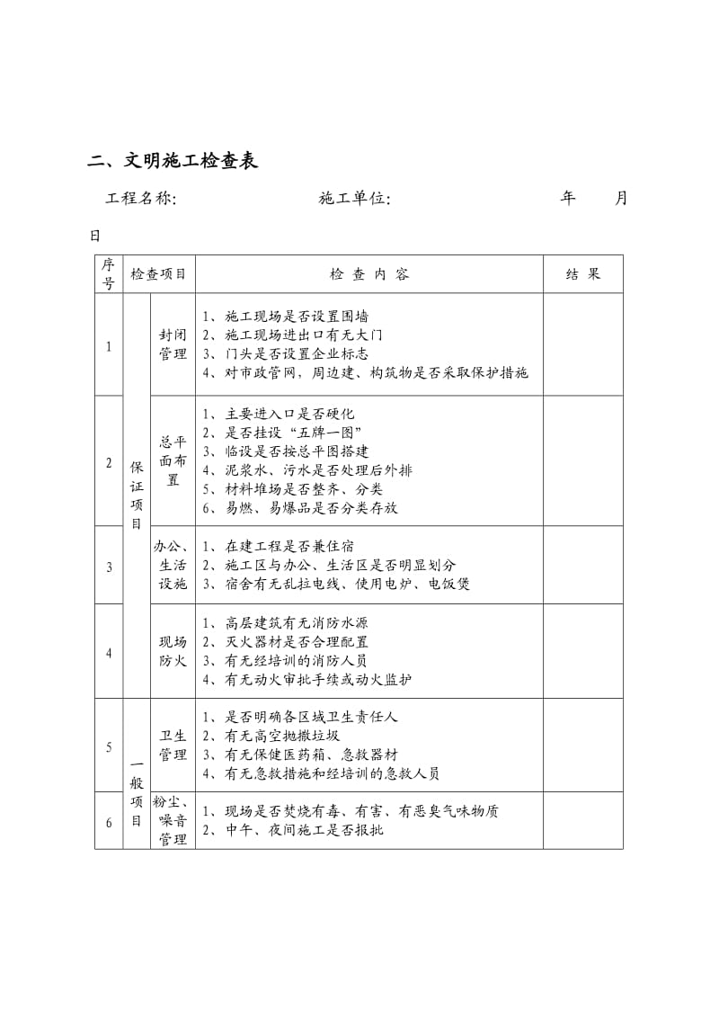 《文明施工检查表》word版.doc_第1页