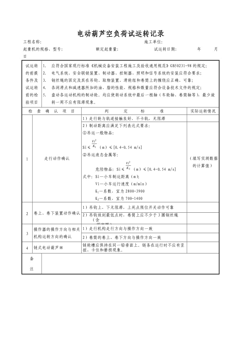 电动葫芦空负荷试运转记录.doc_第1页