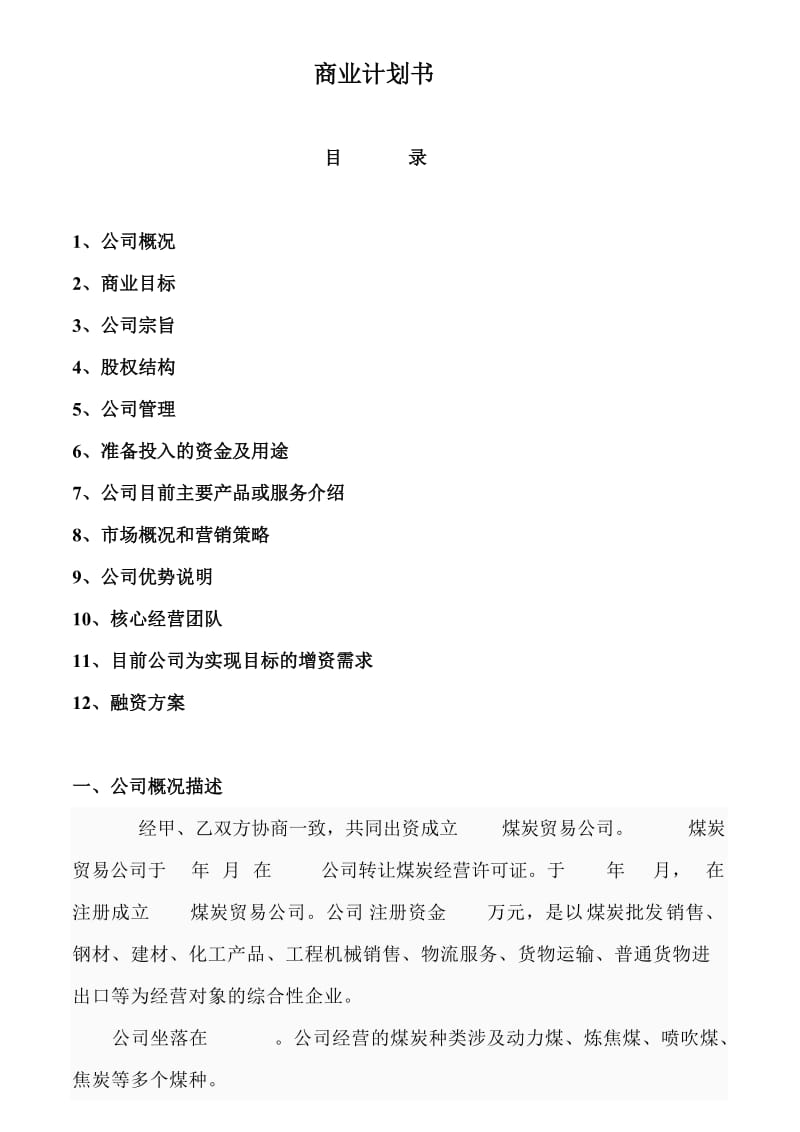 煤炭贸易公司商业计划书.doc_第1页