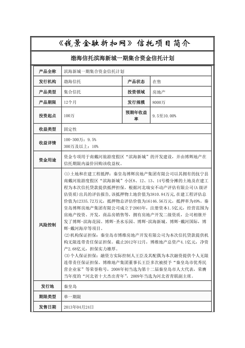 渤海信托滨海新城一期集合资金信托计划.doc_第1页