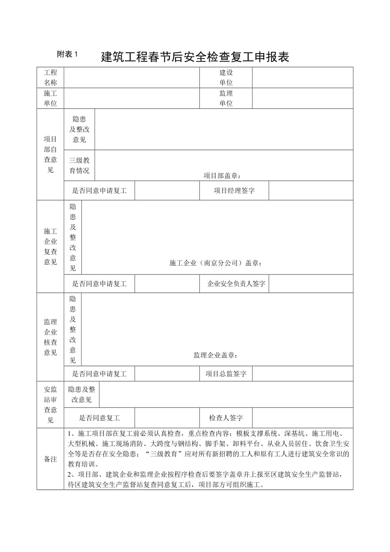 建筑工程春节后安全检查复工申报表.doc_第1页