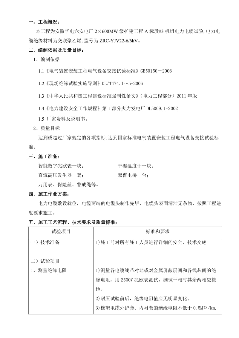 电厂2×600MW级扩建工程电力电缆试验.doc_第1页