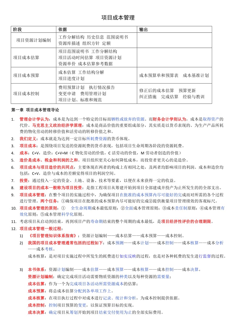 自考本科-《项目管理》：《项目成本管理》笔记整理.doc_第1页