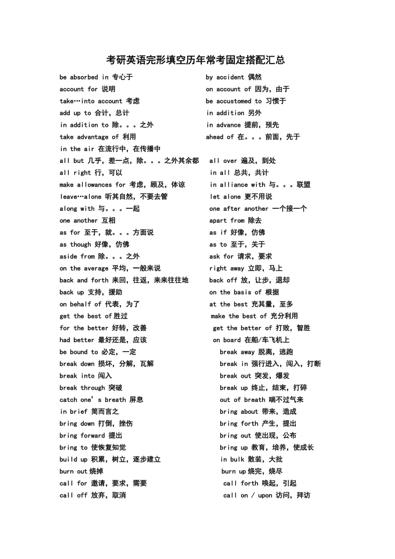 考研英语完形填空历年常考固定搭配汇总.doc_第1页