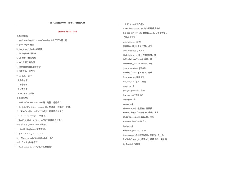 初一上册英语重点单词、短语、句型全汇总.doc_第1页