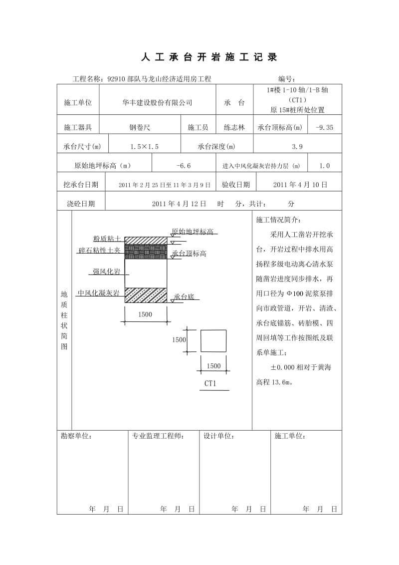 马龙山经济适用房工程人工承台开岩施工记录.doc_第1页