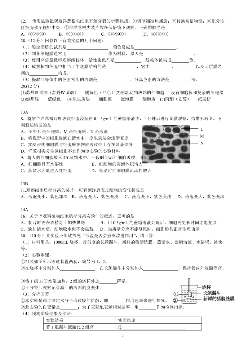 高一生物期末试题分类之质壁分离与复原实验.doc_第2页