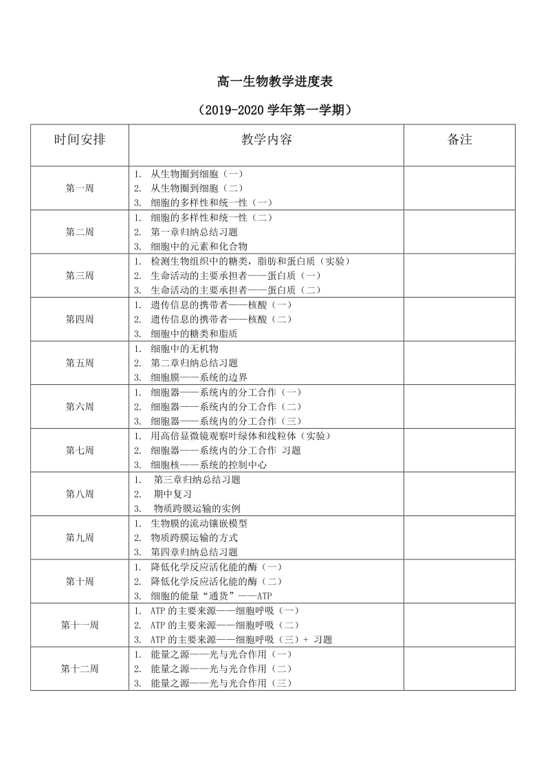 高一生物教学进度表.doc_第1页