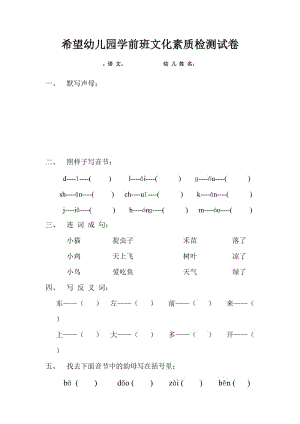 希望幼兒園學(xué)前班文化素質(zhì)檢測(cè)試.doc