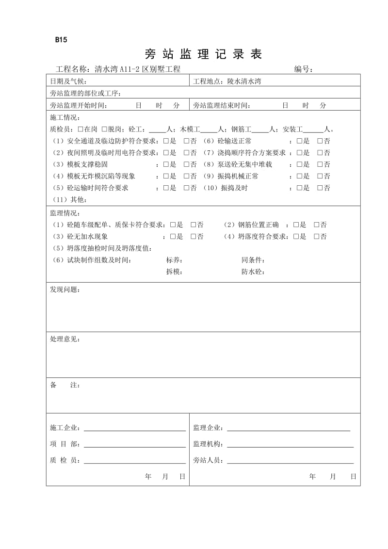 混凝土浇筑旁站记录表B15范本.doc_第2页