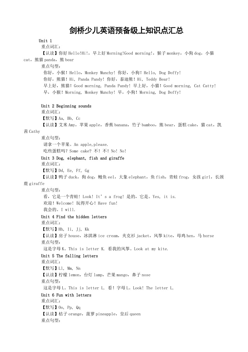 剑桥少儿英语预备级上知识点汇总.doc_第1页