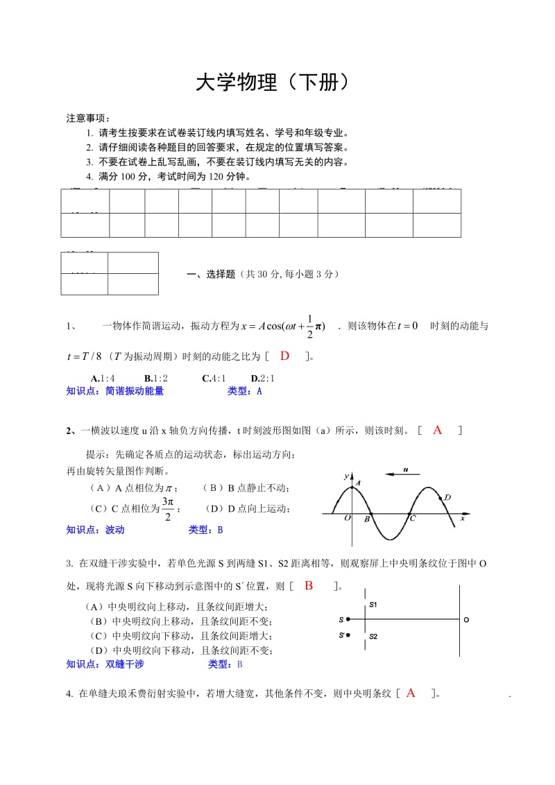 大学物理下册试卷A及答案.doc_第1页