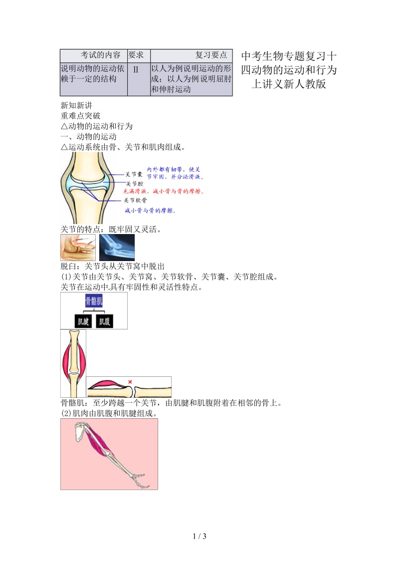 中考生物专题复习十四动物的运动和行为上讲义新人教版.doc_第1页