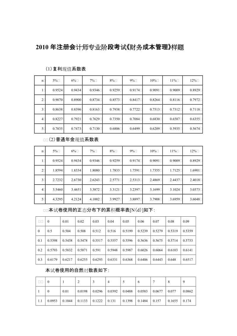 2010年注册会计师专业阶段考试《财务成本管理》样题.doc_第1页