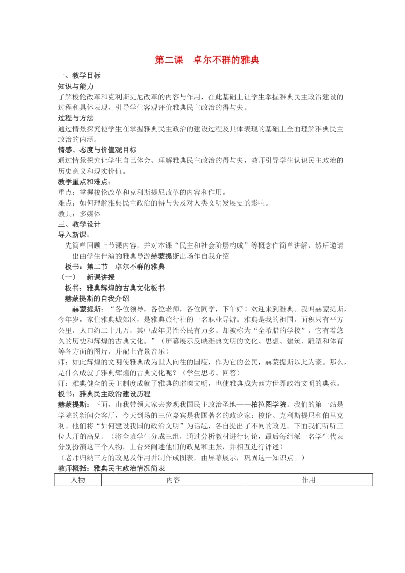 卓尔不群的雅典教学设计1人民版(优秀教案).doc_第1页