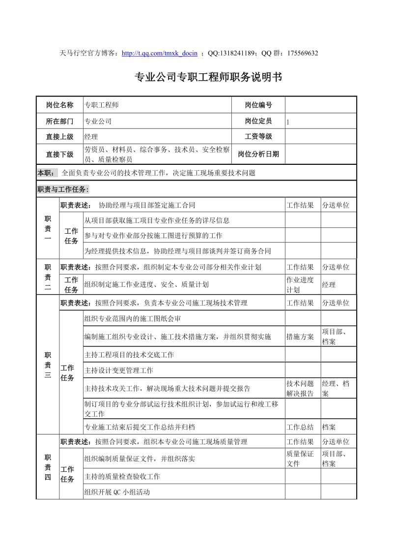 电力公司专职工程师岗位说明书.doc_第1页