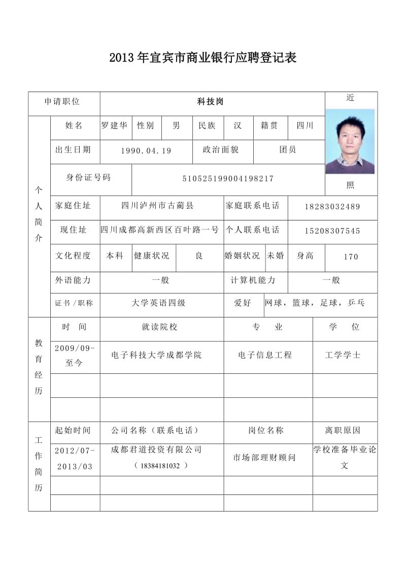 宜宾市商业银行内江分行应聘登记表.doc_第1页