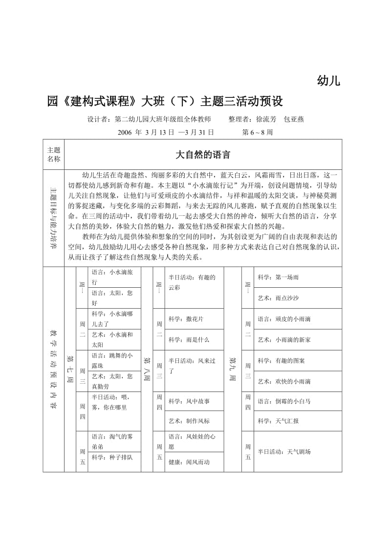 幼儿园建构式课程大班(下)主题三活动预设.doc_第1页