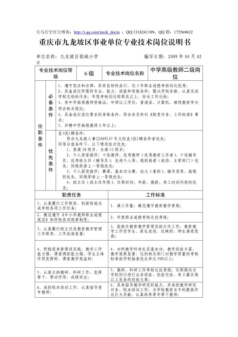 重庆市九龙坡区事业单位专业技术岗位说明书.doc_第1页