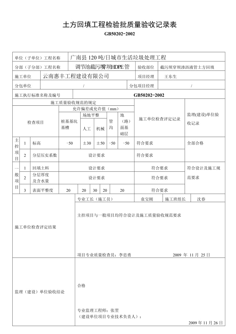 调节池截污坝穿坝渗沥液管土方回填分项工程质量验收记录表.doc_第3页