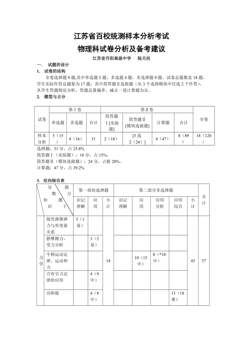 江苏省百校统测样本分析考试物理科试卷分析.doc_第1页