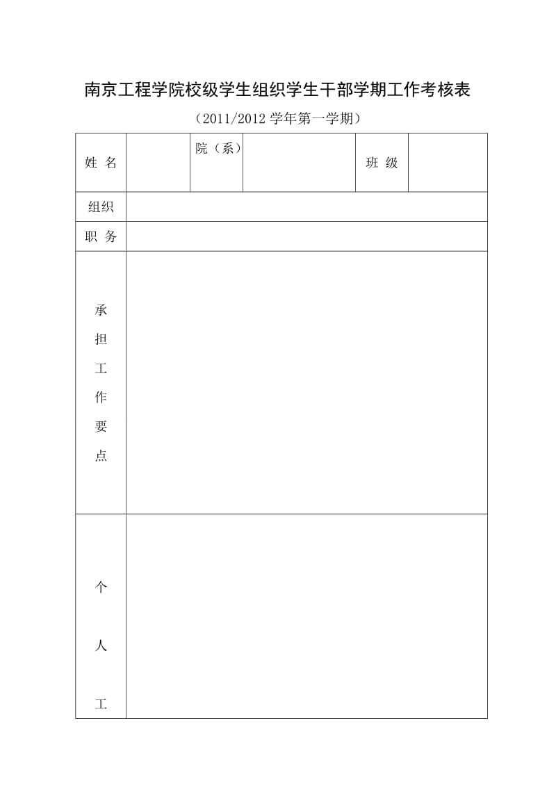 南京工程学院校级学生组织学生干部学期工作考核表.doc_第1页