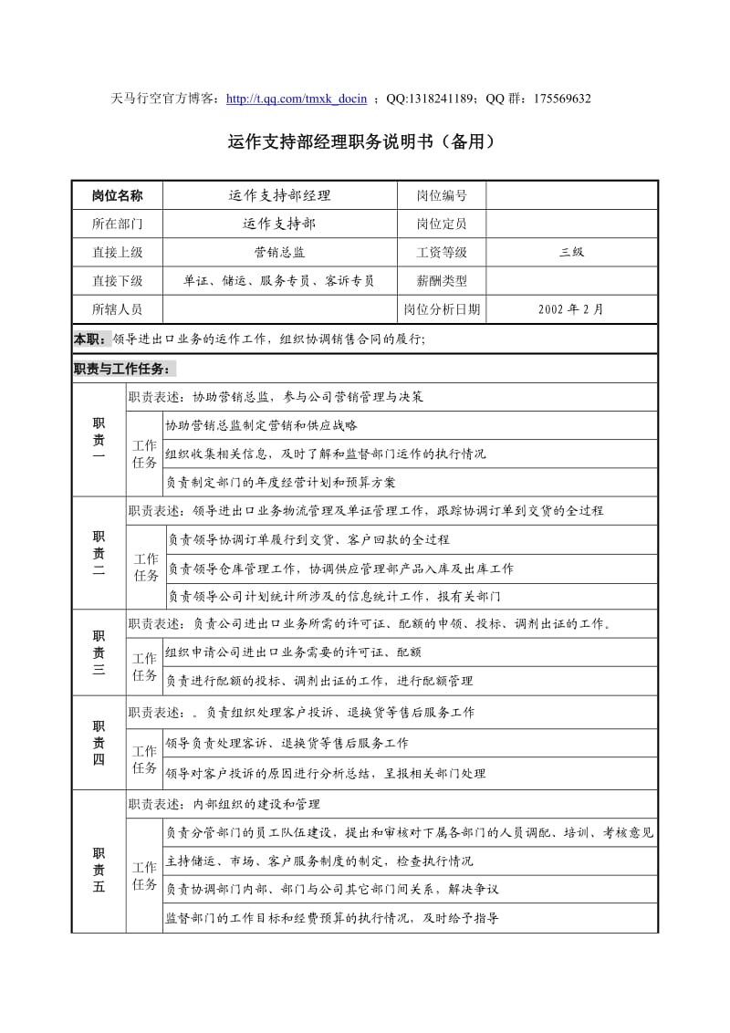 运作支持部经理职务说明书.doc_第1页