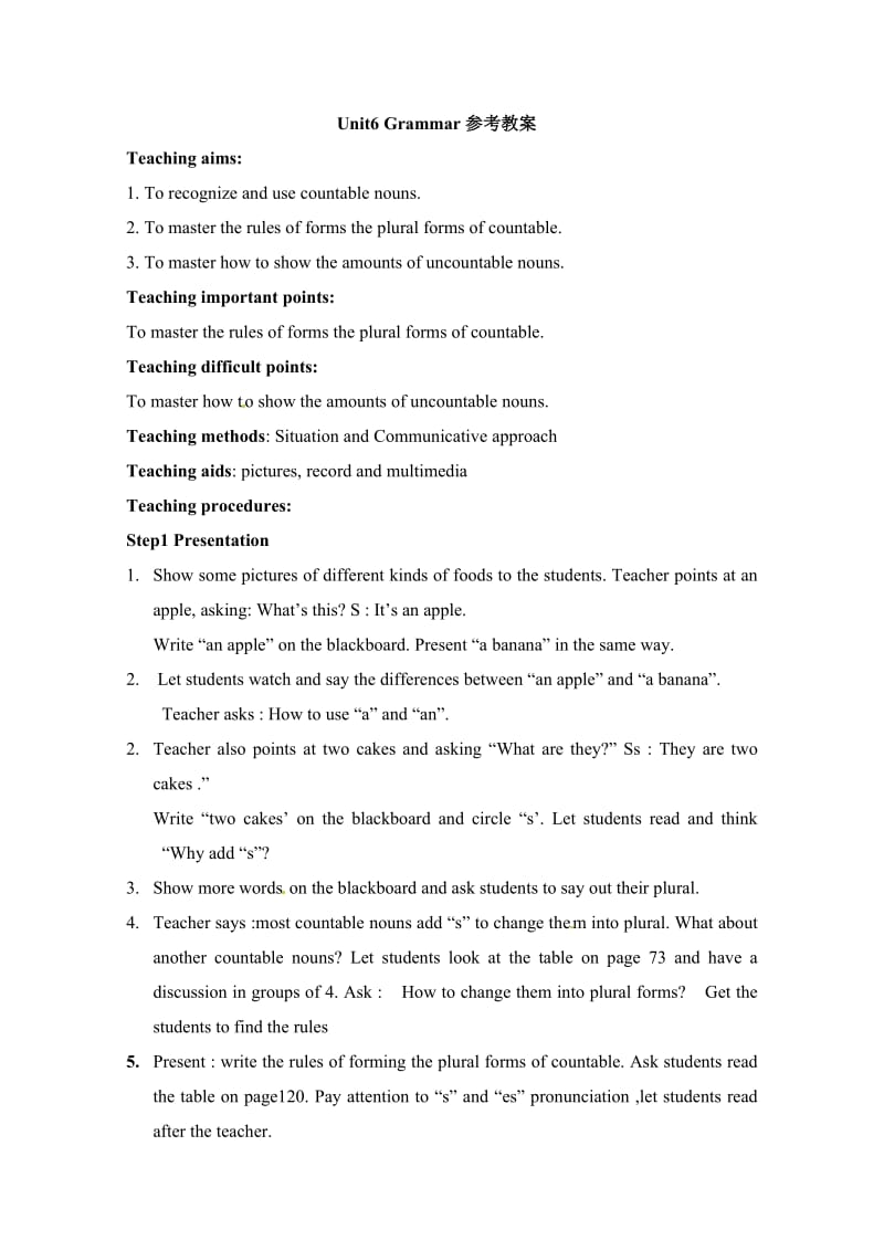 译林版7年级英语上册教案课件-第6课-Unit6-Grammar参考教案.doc_第1页