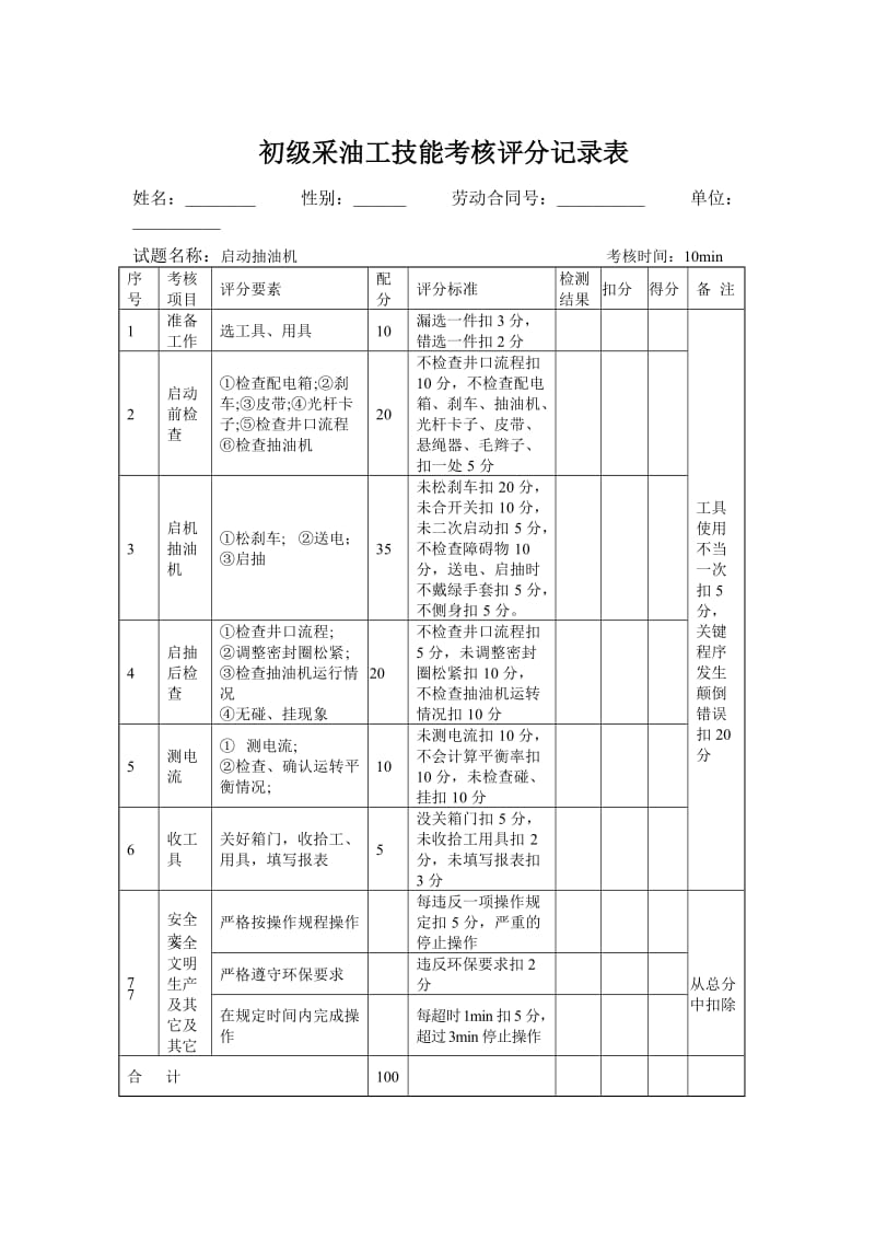 石油行业技能鉴定采油工技能考核评分记录表.doc_第2页