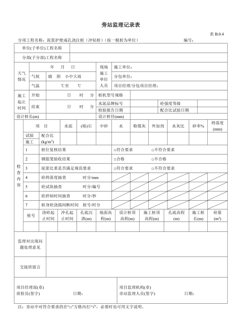 泥浆护壁成孔浇筑桩工程旁站监理记录表.doc_第1页