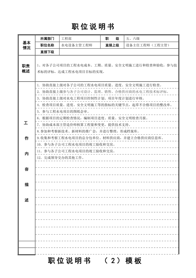 职位说明书水电主管工程师.doc_第1页