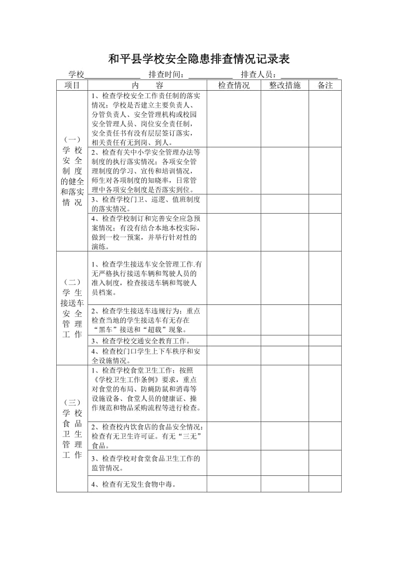 和平县学校安全隐患排查情况记录表.doc_第1页