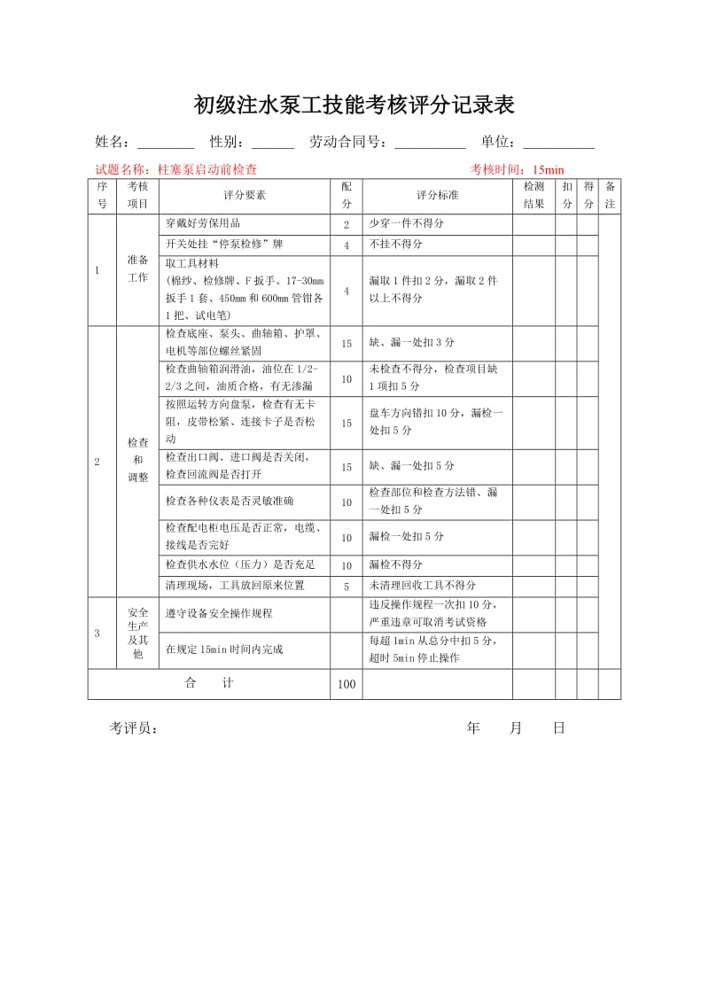 石油行业技能鉴定注水泵工技能考核评分记录表.doc_第1页