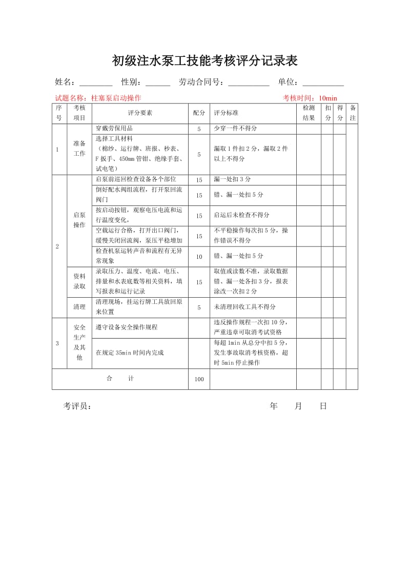 石油行业技能鉴定注水泵工技能考核评分记录表.doc_第2页