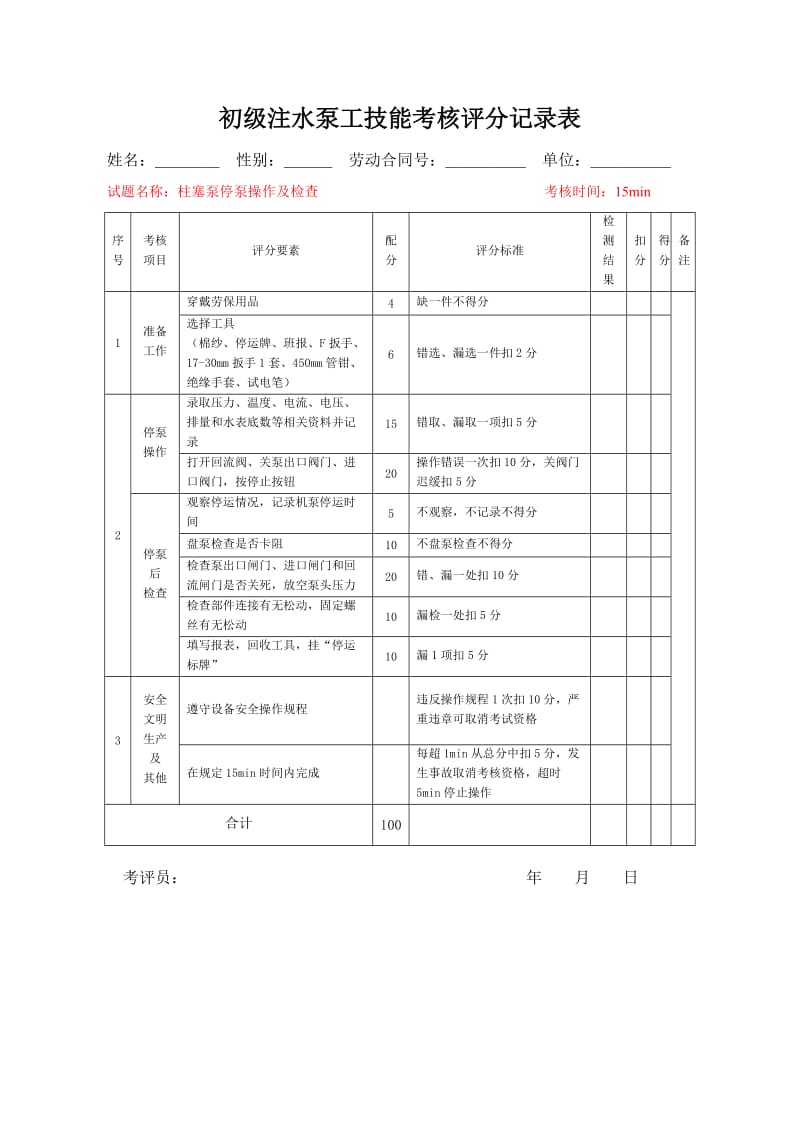 石油行业技能鉴定注水泵工技能考核评分记录表.doc_第3页