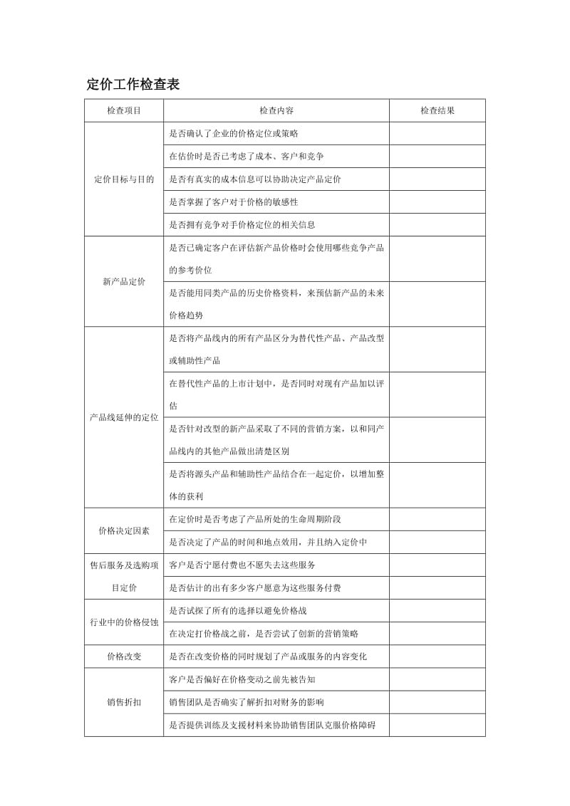 《定价工作检查表》word版.doc_第1页