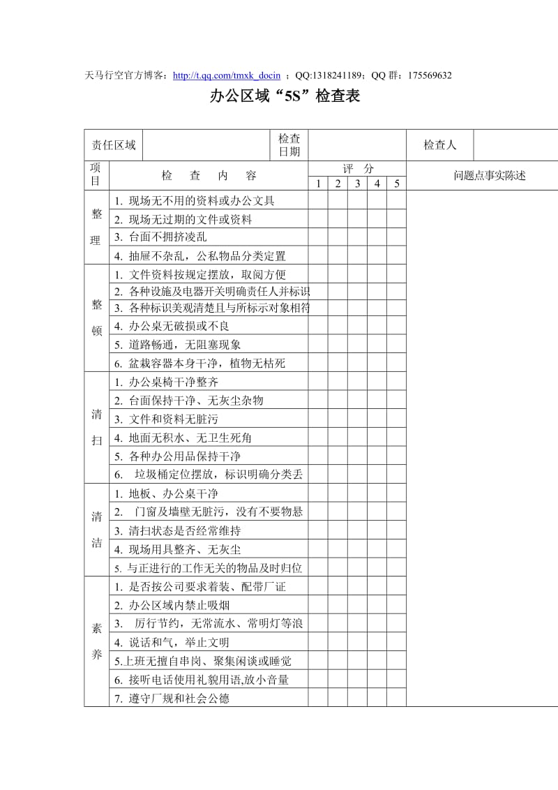 某公司办公区域5s检查表.doc_第1页